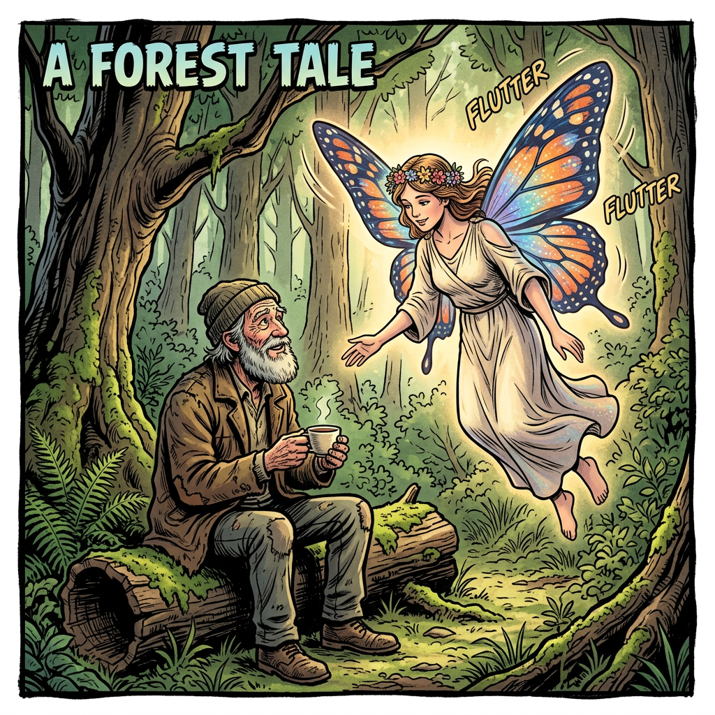 Butterfly angel visiting old man in woods