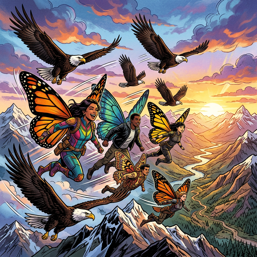 Four diverse superheroes flying with colorful butterfly wings above mountain peaks at sunset, accompanied by soaring bald eagles.