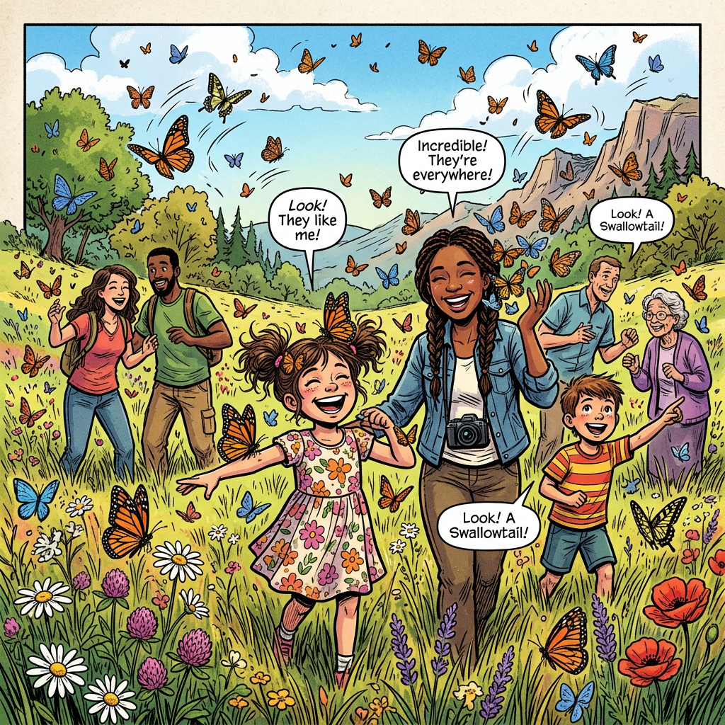 Diverse people happily surrounded by many butterflies in a colorful meadow