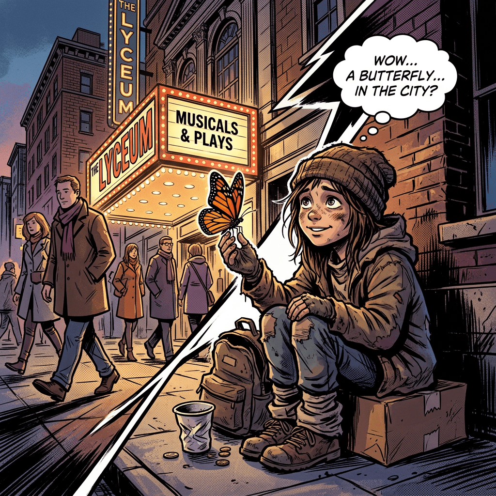Girl sitting on sidewalk holding a butterfly near a theater marquee reading musicals and plays