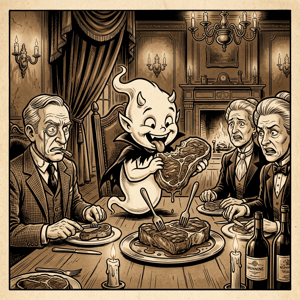 A cheerful ghost holding a steak at a dinner table with three shocked guests in a classic dining room