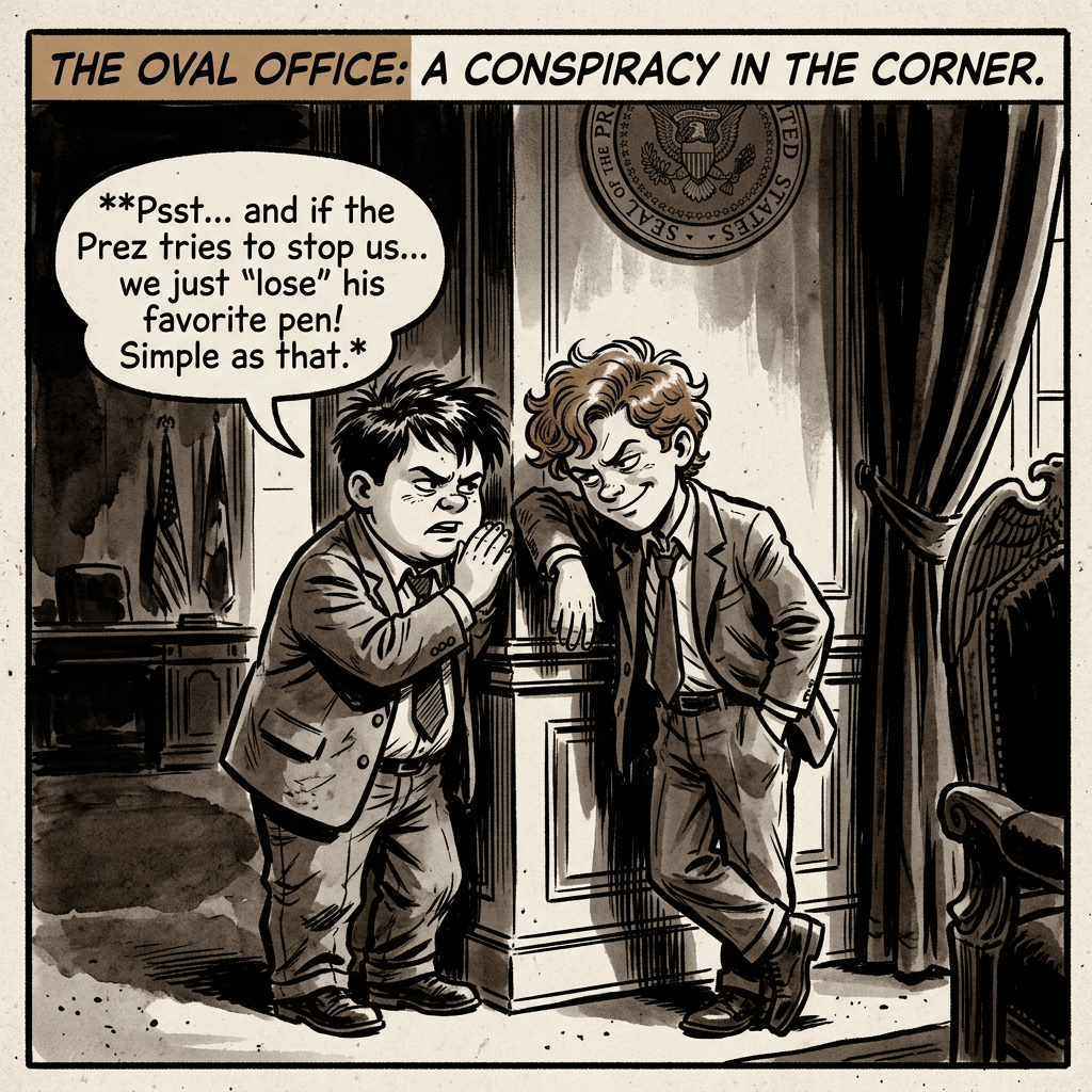 Two men in suits whispering a conspiracy inside the Oval Office about losing the president's favorite pen