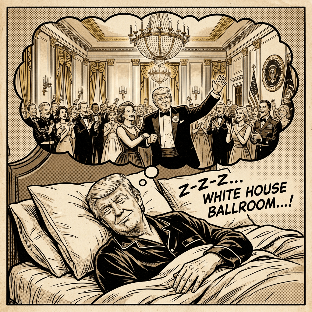 Trump dreaming of White House ballroom, sepia