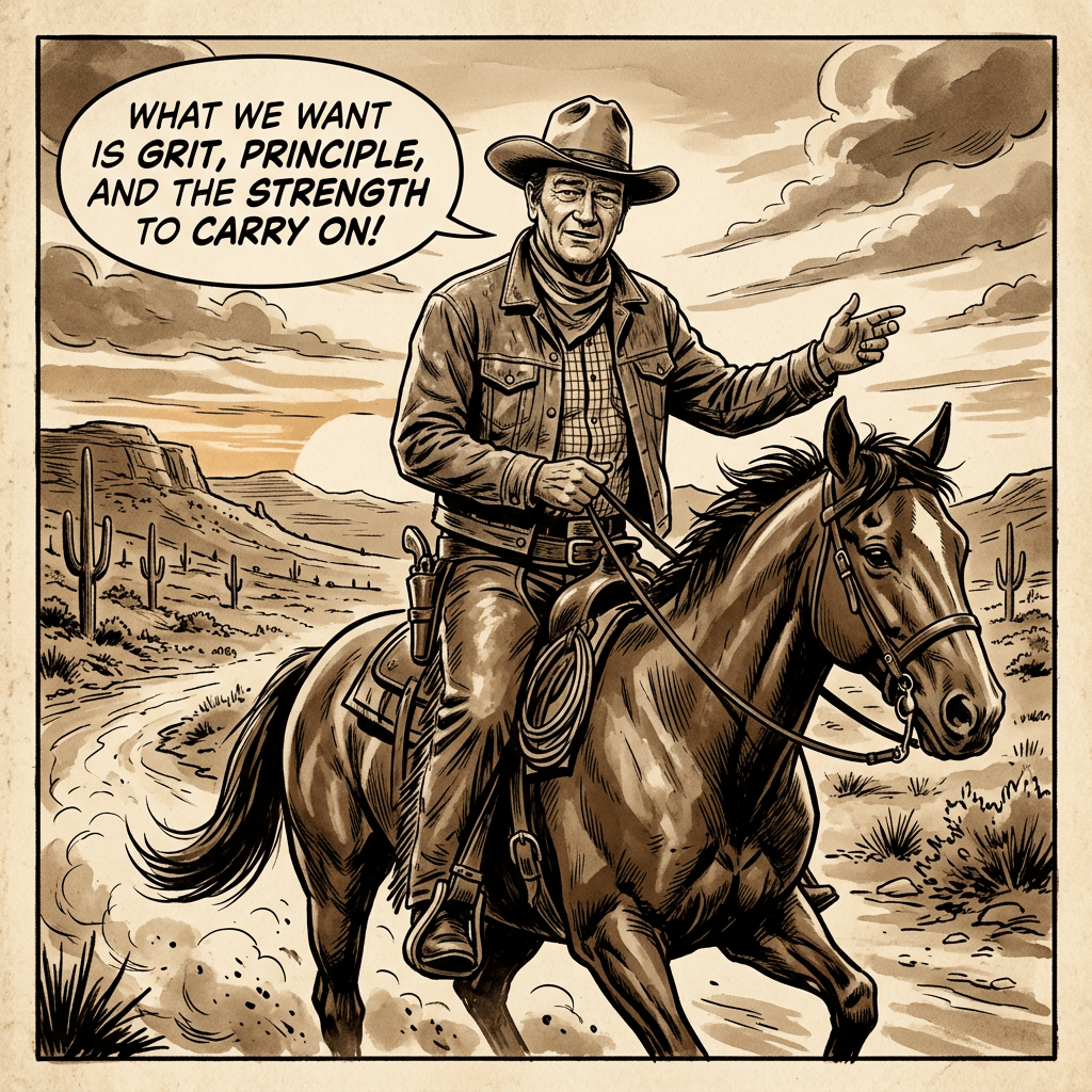 Cowboy on horse with speech bubble saying 'What we want is grit, principle, and the strength to carry on!'