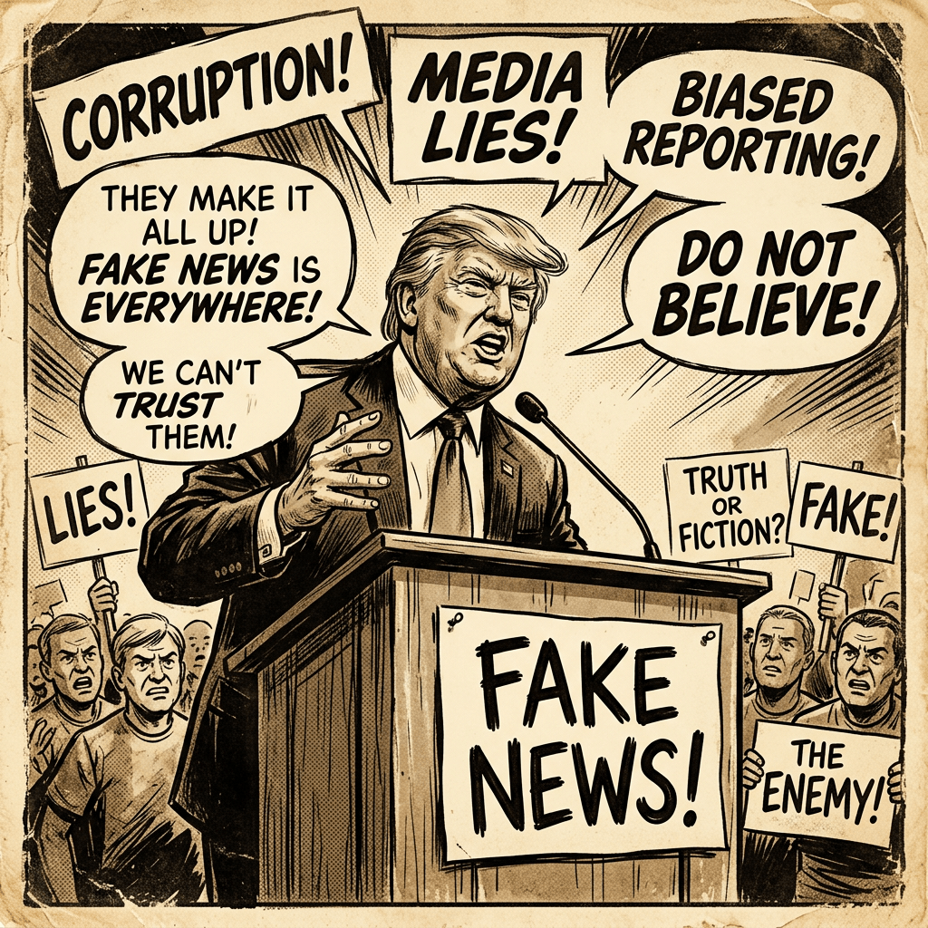 Politician at podium labeled FAKE NEWS with speech bubbles accusing media of corruption, lies, biased reporting, and fake news