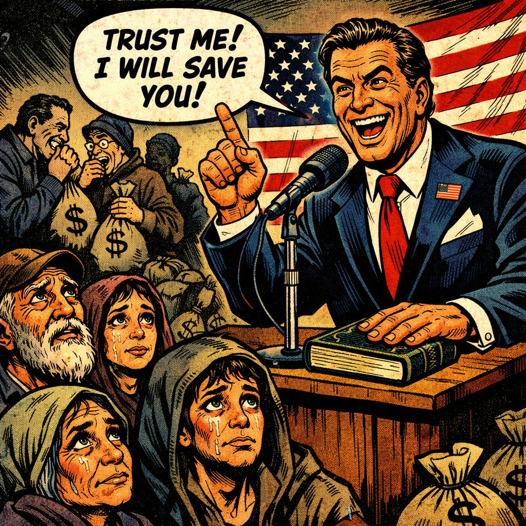 Poor people trusting eyes amid lying preacher politician