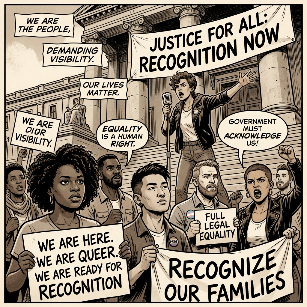 Diverse LGBTQ+ activists protesting for recognition, equality, and justice with signs and banners
