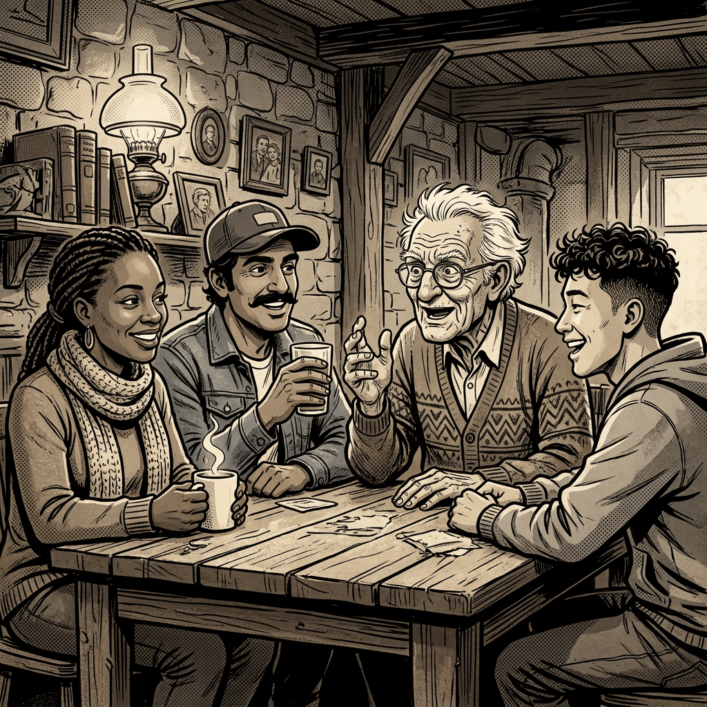 Older man talking animatedly with three younger adults at a wooden table