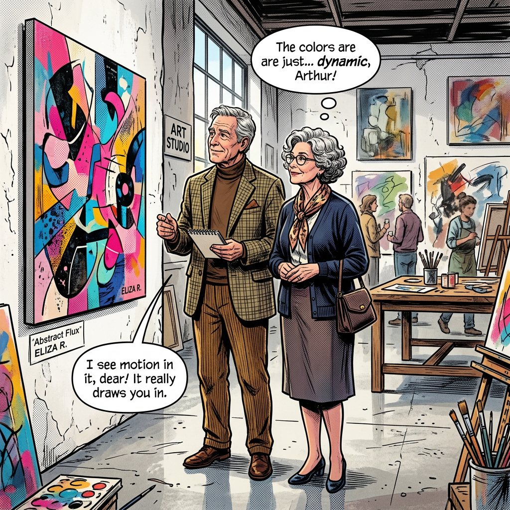 Old couple admiring modern art in studio