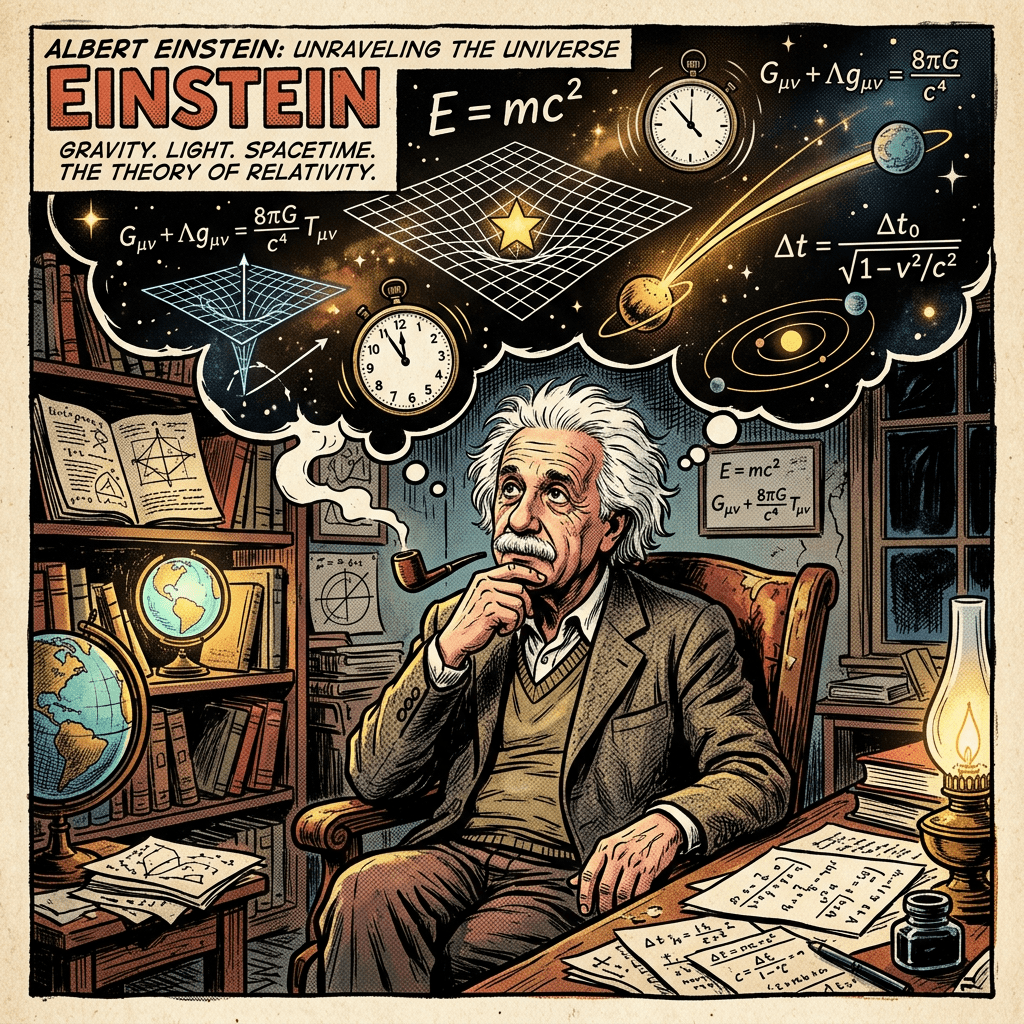 Albert Einstein sitting and thinking with equations and space illustrations around him
