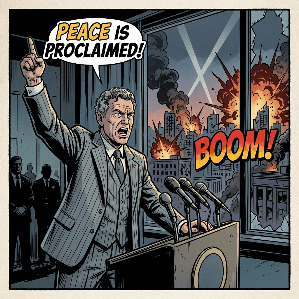 President proclaiming peace as city bombed behind