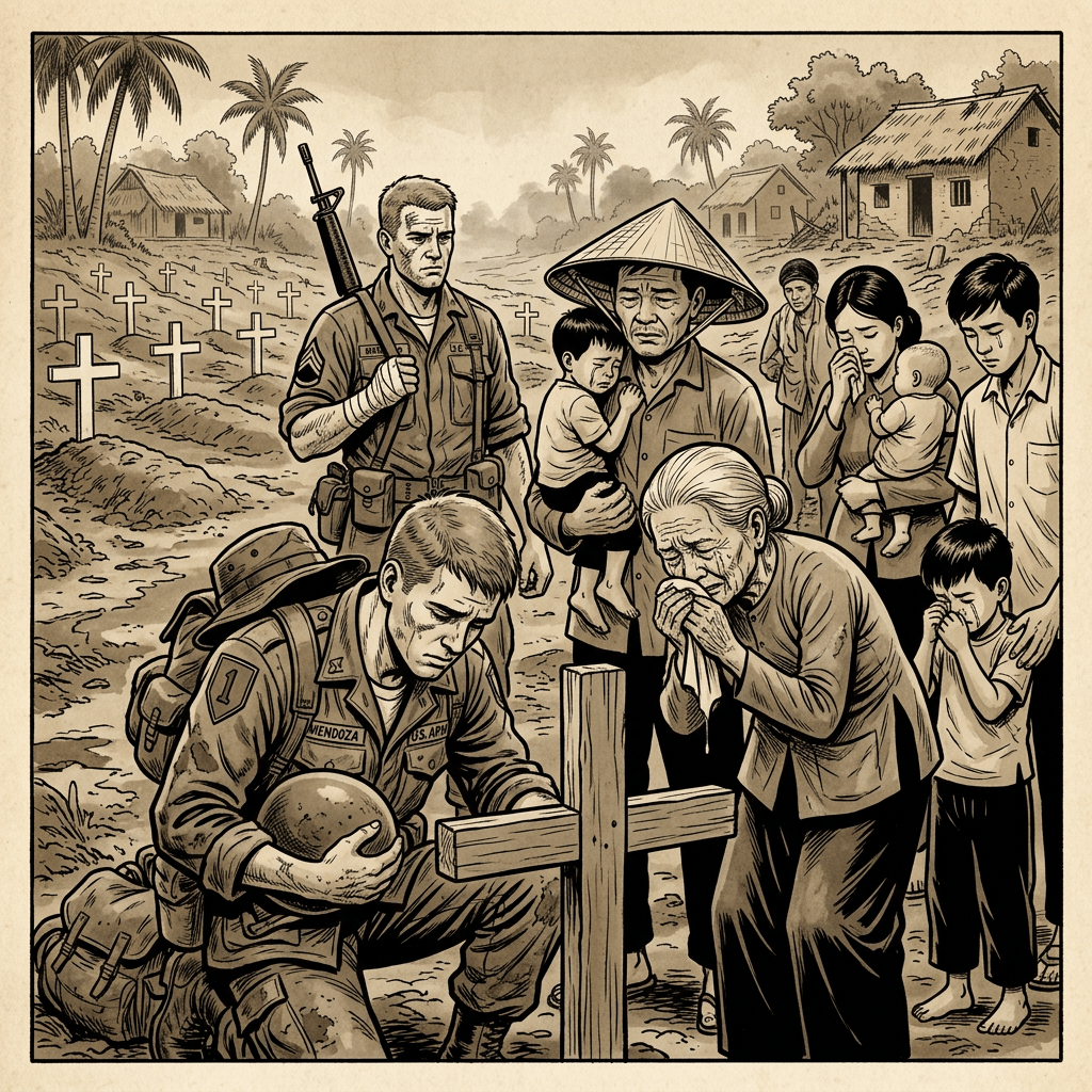 Vietnam War soldiers and civilians mourning sepia