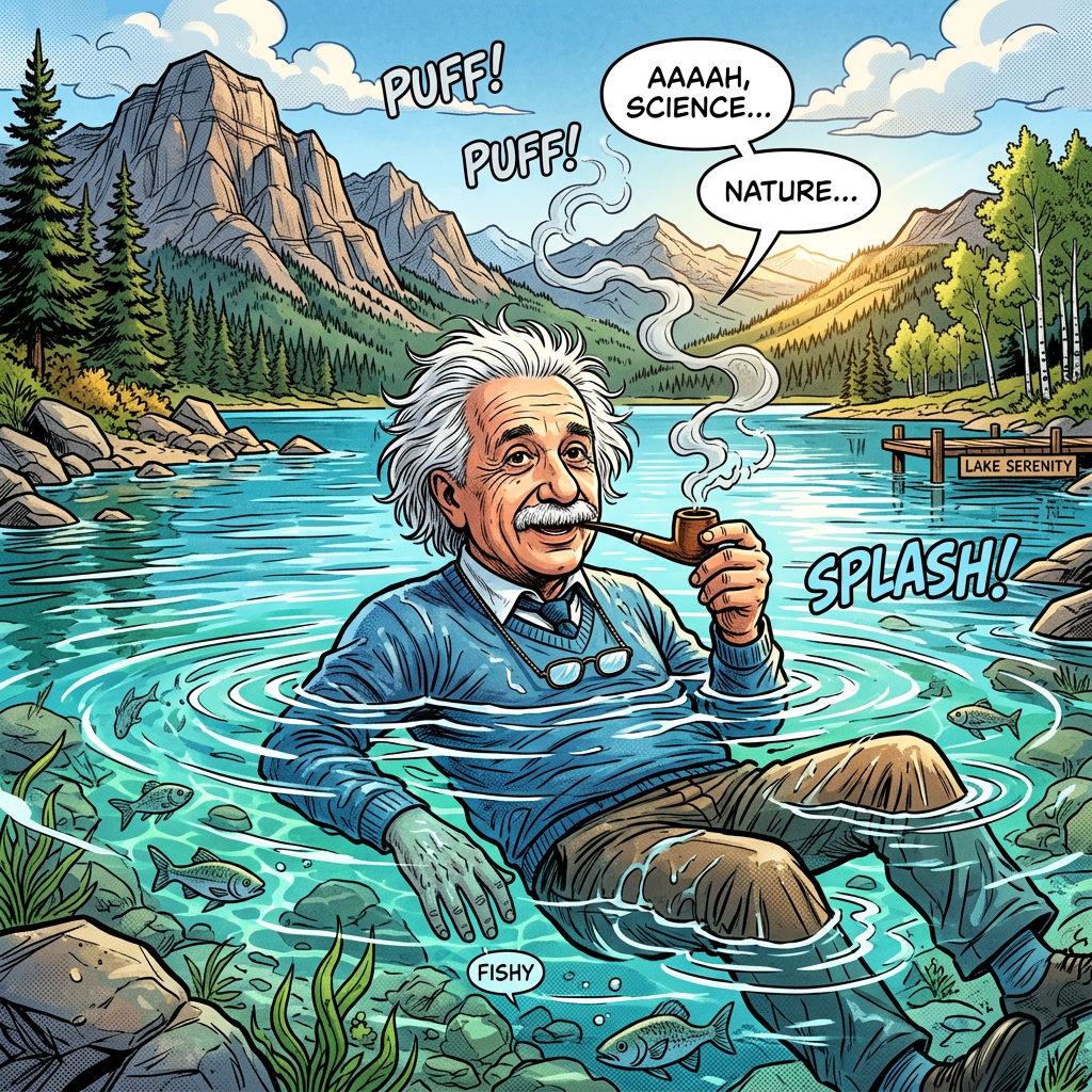Albert Einstein sitting in a lake smoking a pipe with mountains and trees in background