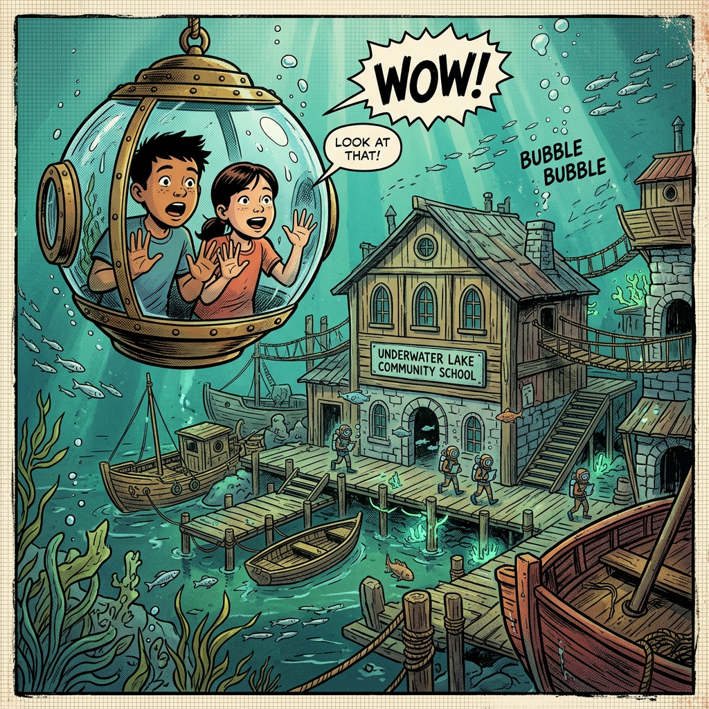 Two children inside a glass submarine looking excitedly at an underwater community school with divers and boats around