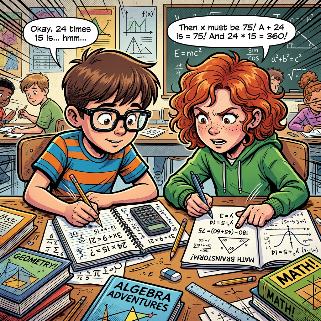 Two kids sitting at a desk solving math problems with notebooks, textbooks, and a calculator