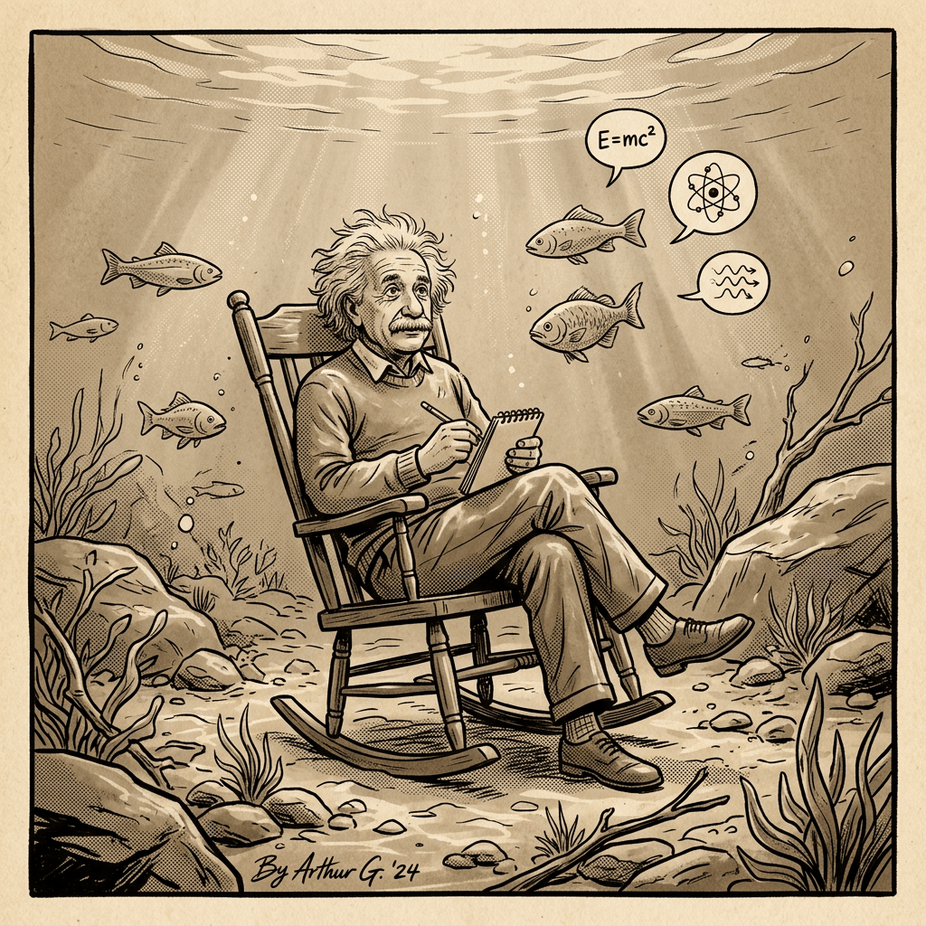 Albert Einstein seated in a rocking chair underwater surrounded by fish with science speech bubbles