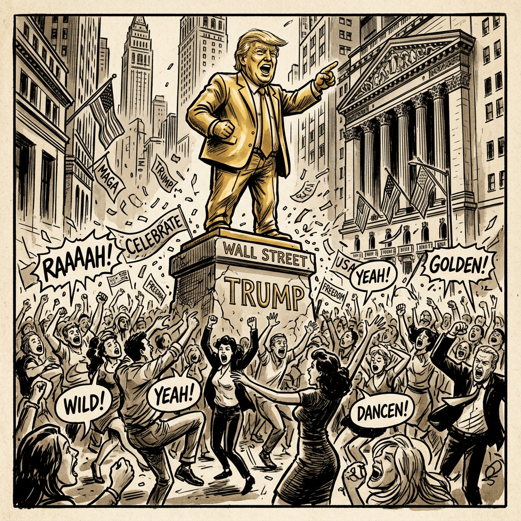 Golden statue of Trump on Wall Street pedestal with cheering crowd and speech bubbles
