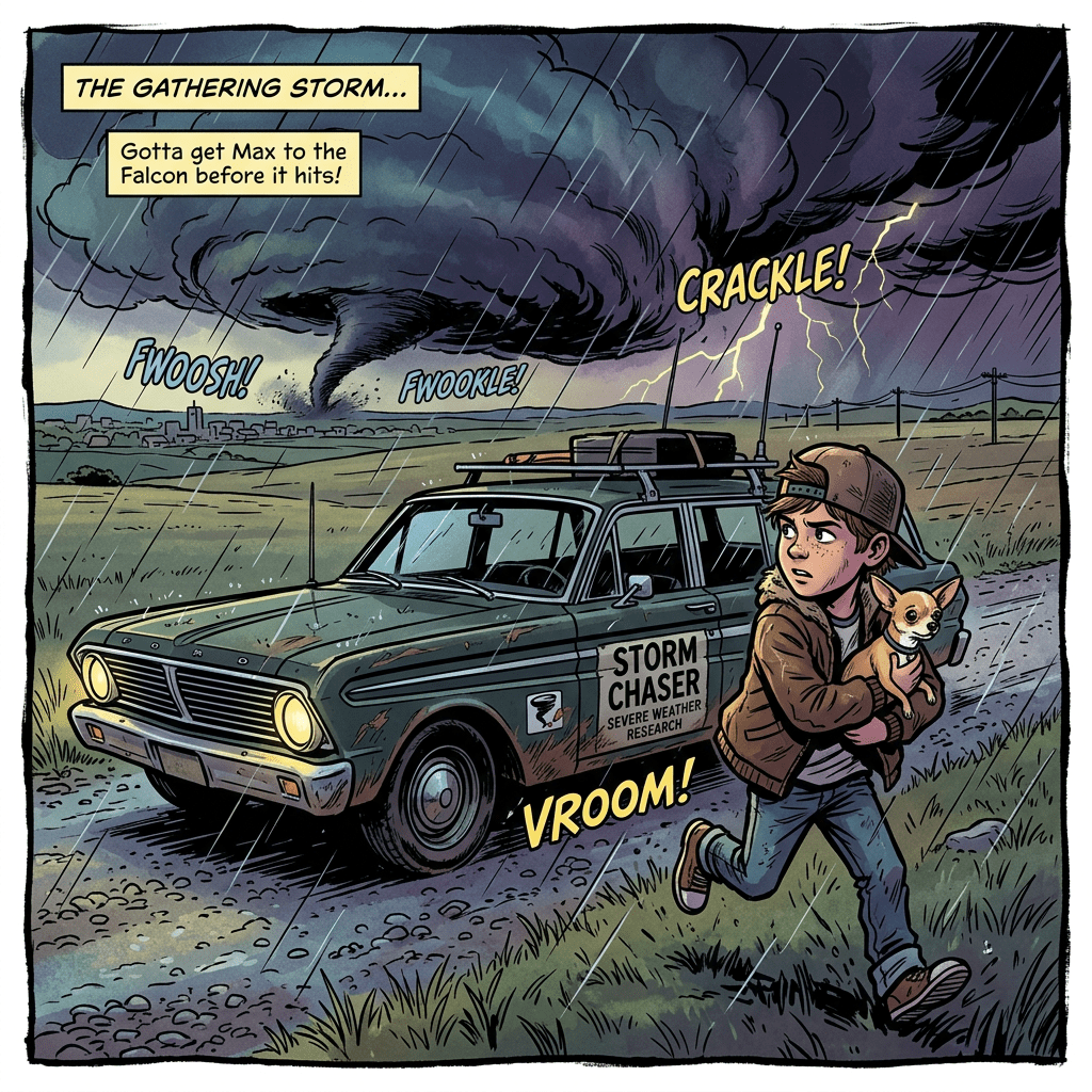 Boy holding small dog running in rain near storm chaser car with tornado and lightning in background