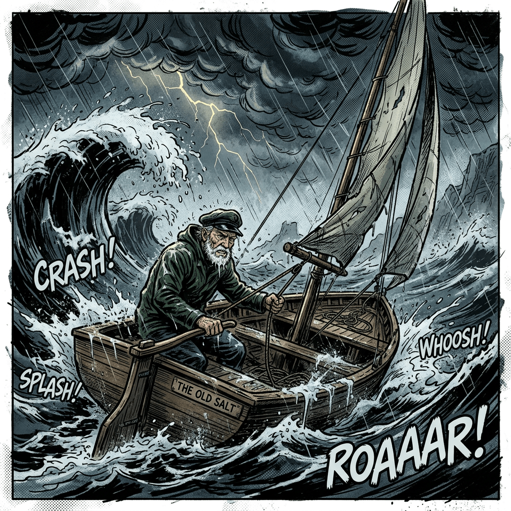 Old man sailing on stormy waters