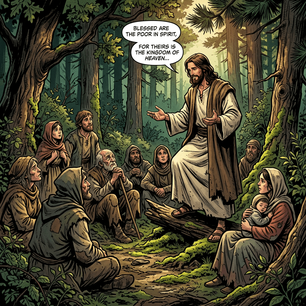 Christ speaking to poor people in woods