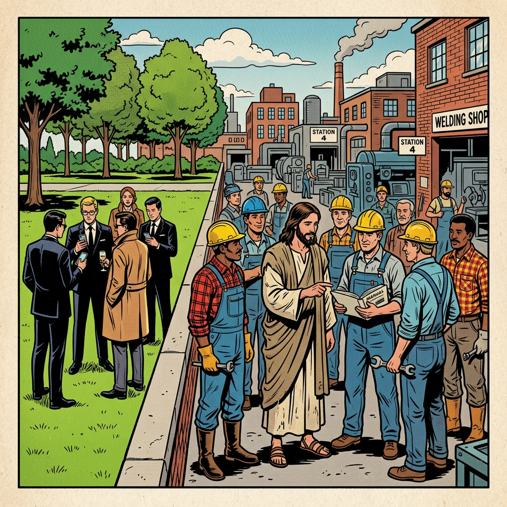 Jesus standing with factory workers in hard hats and overalls discussing a manual beside an industrial building with businessmen gathered in a park on the other side of a wall