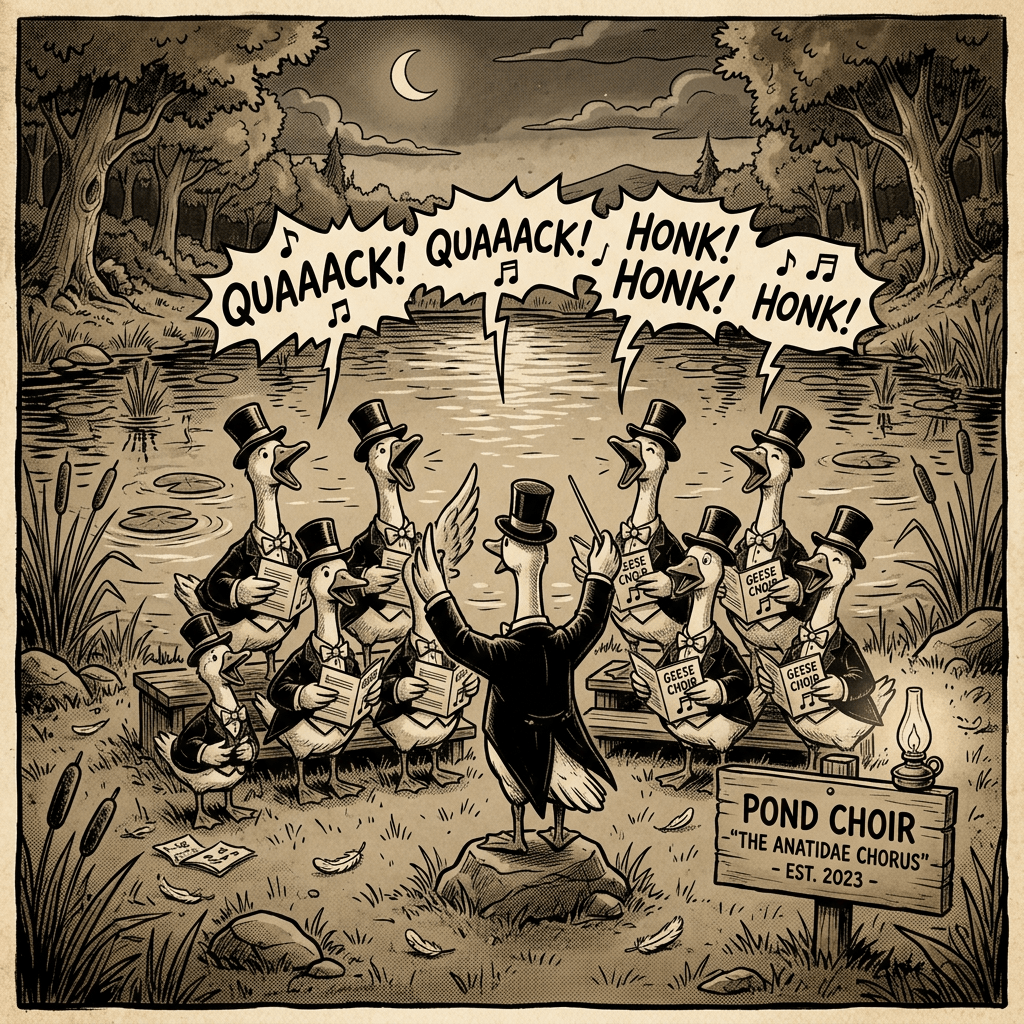 Ducks in tuxedos and top hats singing at a pond with songbooks
