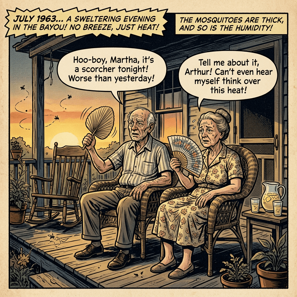 Elderly man and woman sitting on a porch fan themselves on a hot, humid evening with mosquitoes flying around