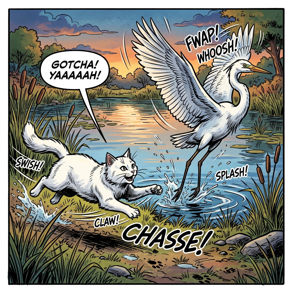 Cat chasing a bird near a riverbank with action words and speech bubble