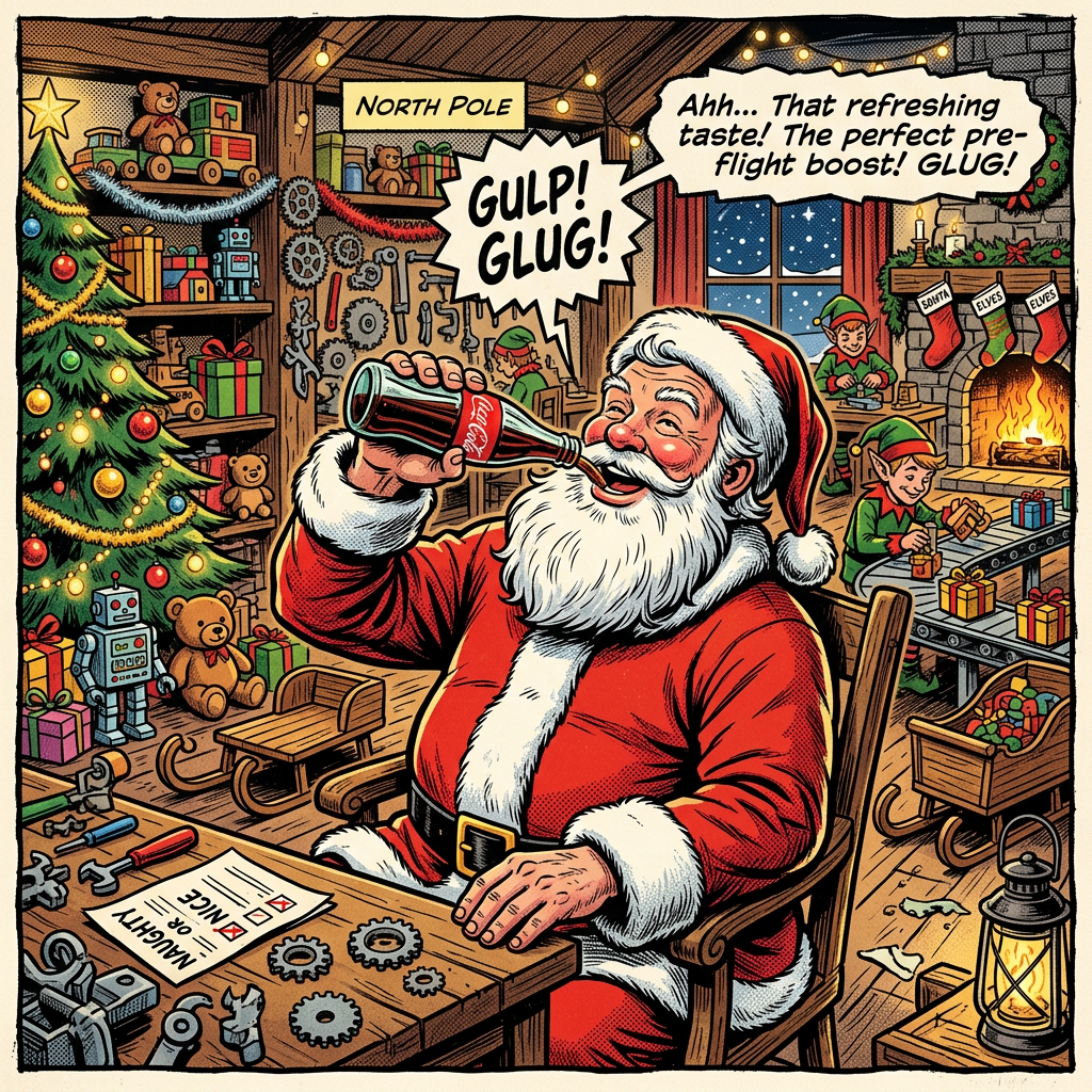 Santa Claus drinking a bottle of Coca-Cola in a festive workshop with elves working and Christmas decorations