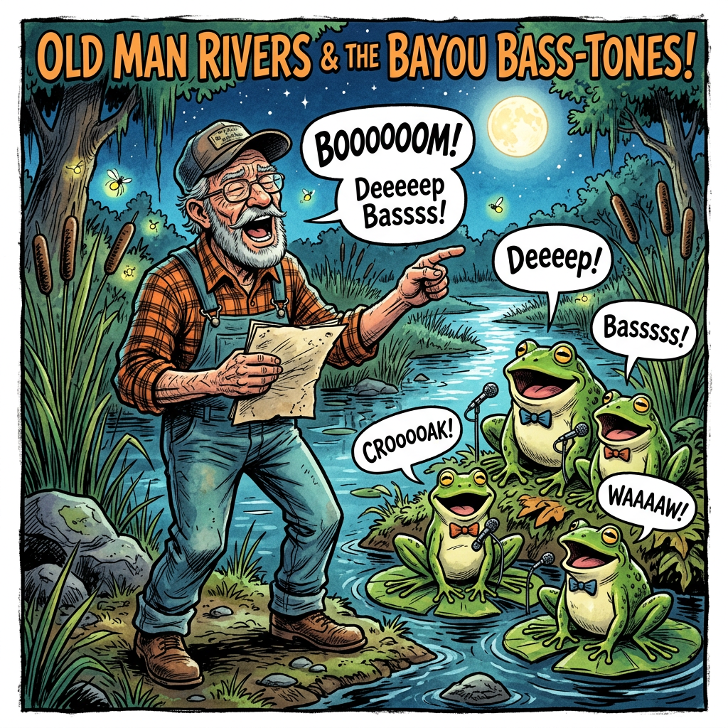 Elderly man singing and conducting four frogs with microphones by a bayou at night
