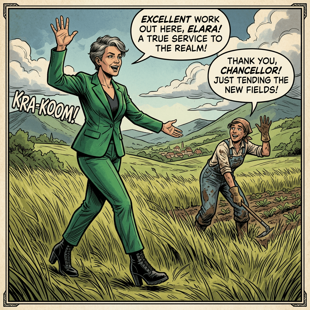 Chancellor in green suit praising farmer in field with speech bubbles