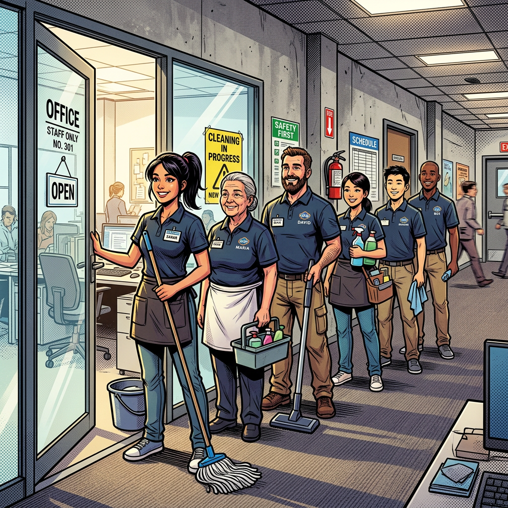 Housekeeping staff line at open office door