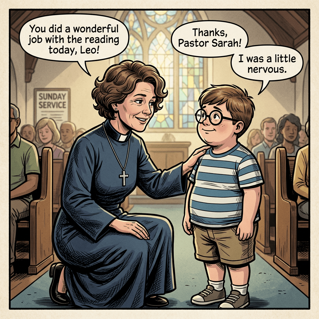 Female pastor kind to chubby boy glasses