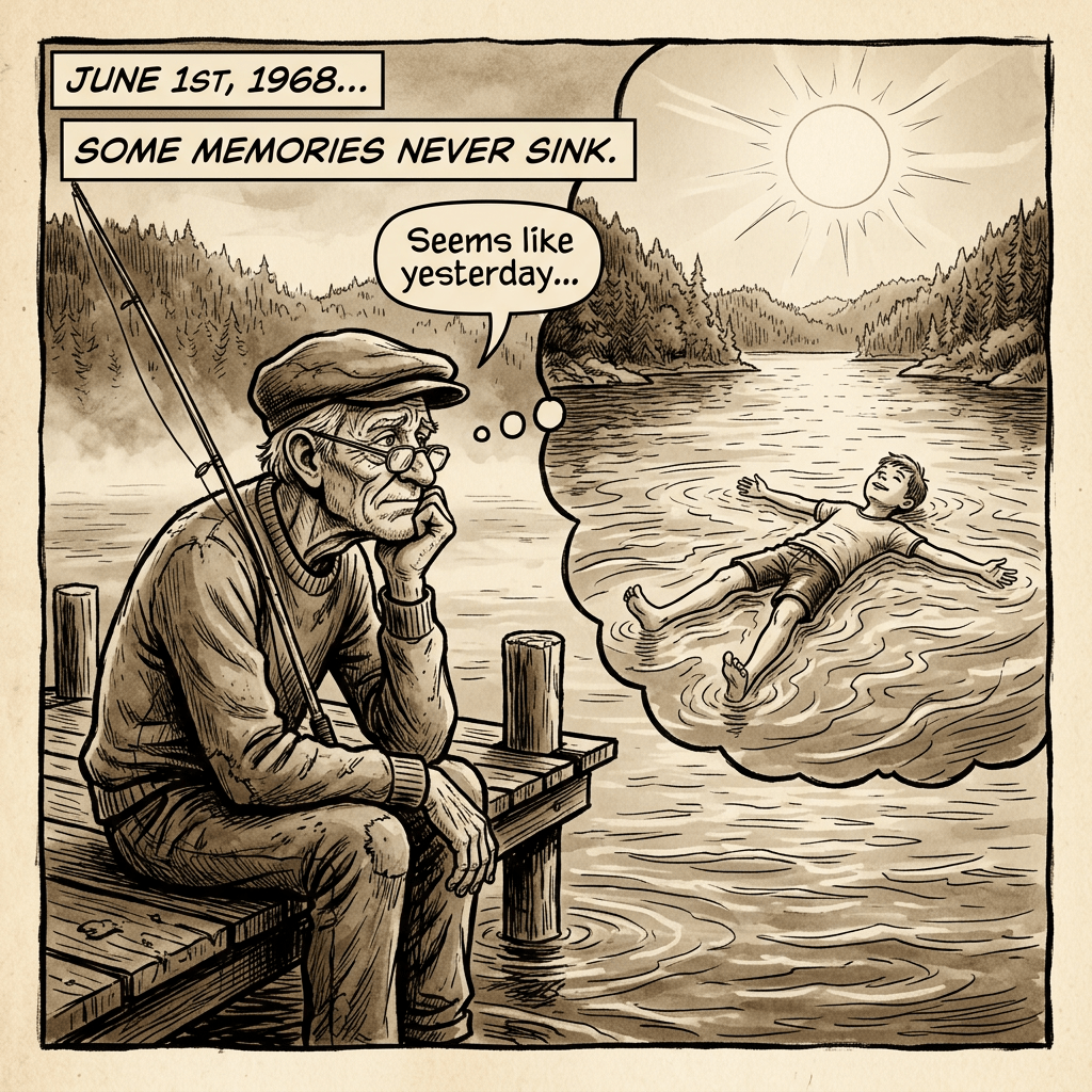 Elderly man sitting on a dock fishing and remembering as a boy floats in the lake under the sun