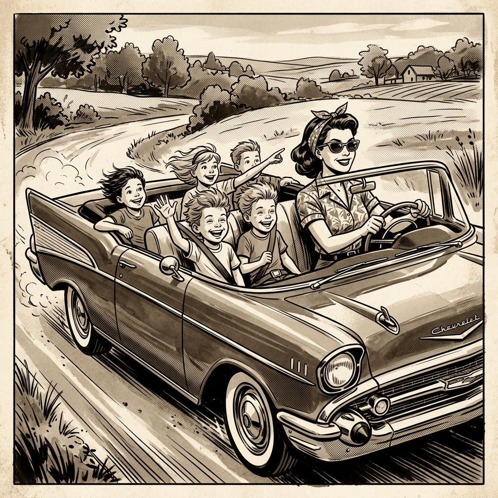 Woman driving a 1950s Chevrolet convertible with four happy children in the countryside