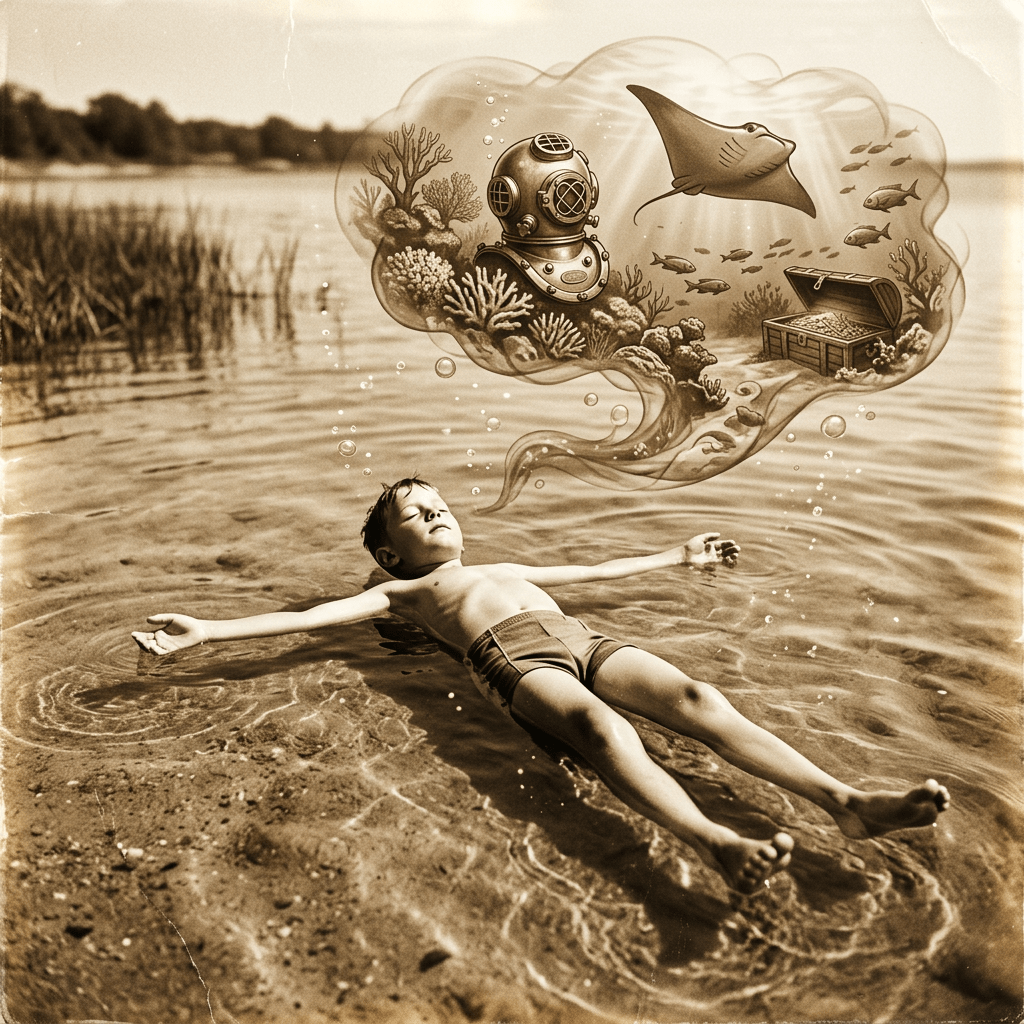 Boy floats on water with dream bubble of underwater helmet, stingray, fish, and treasure chest