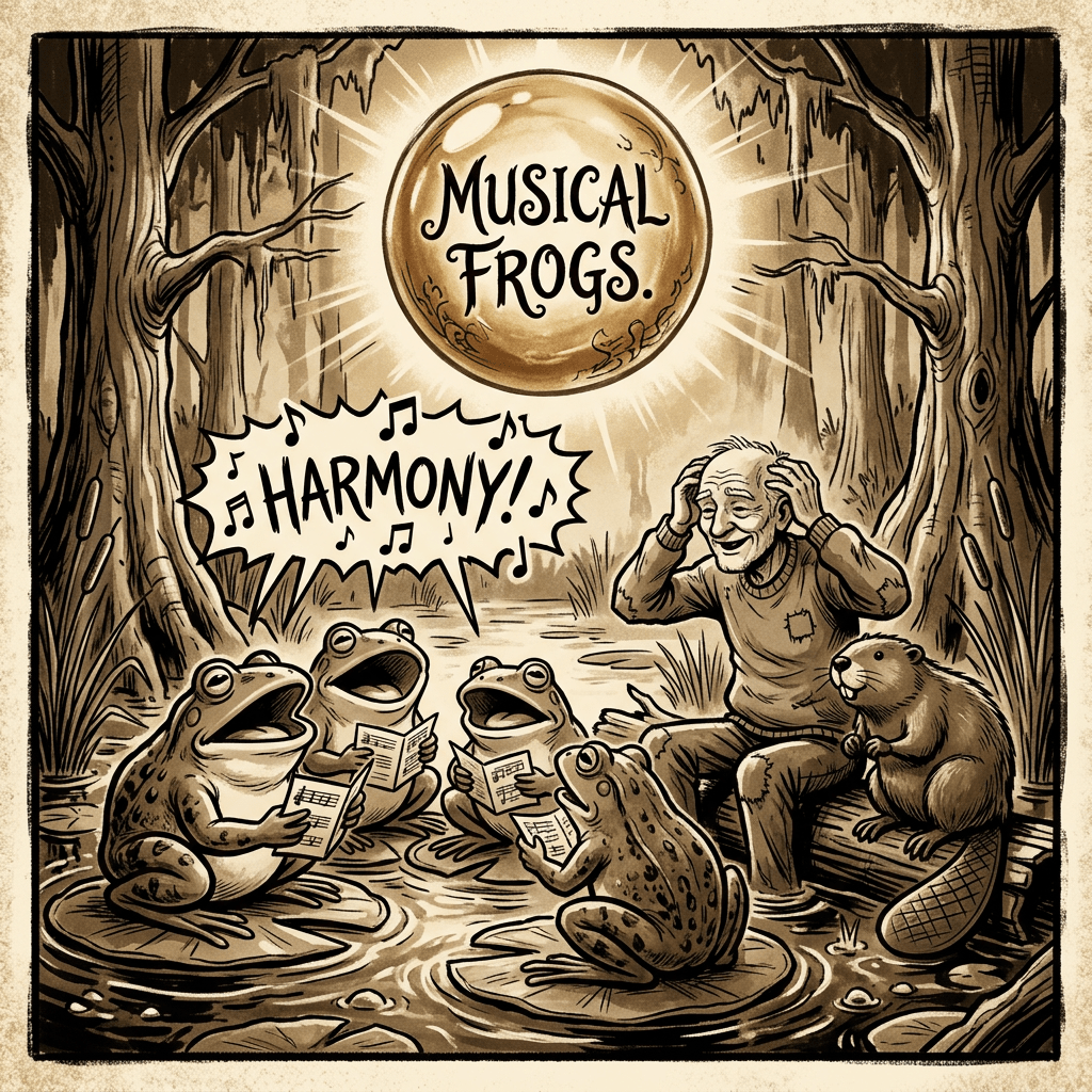 Four frogs singing from music sheets in a swamp, with an elderly man and a beaver listening