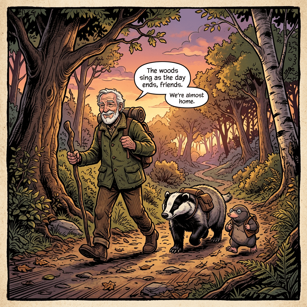 Elderly man walking with a badger and a mole on a forest path at sunset