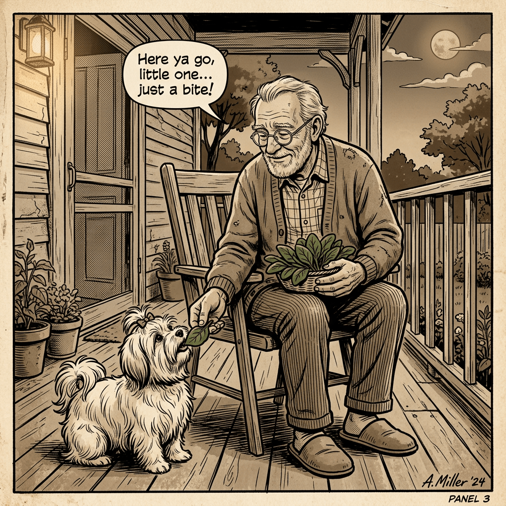 Elderly man feeding a leaf to small dog on wooden porch at night