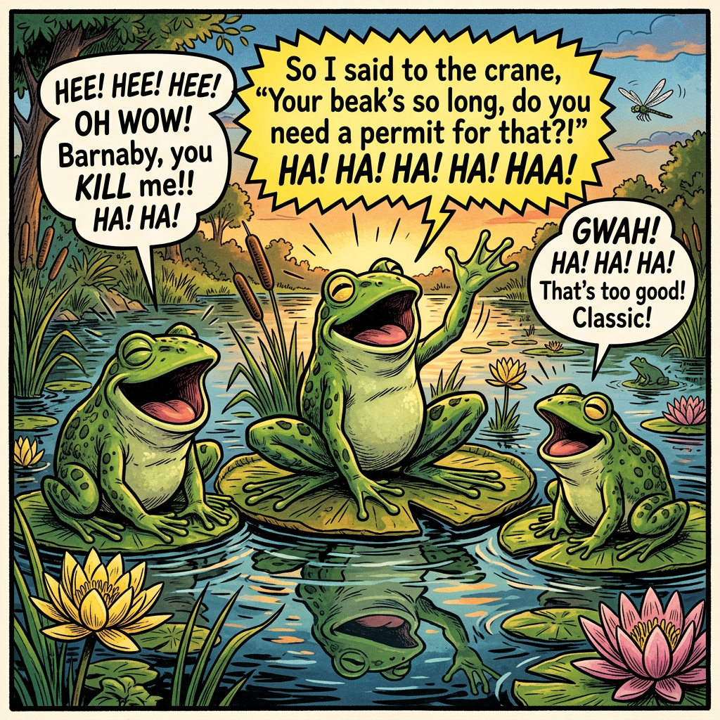 Three frogs laughing and telling jokes on lily pads in a pond at sunset