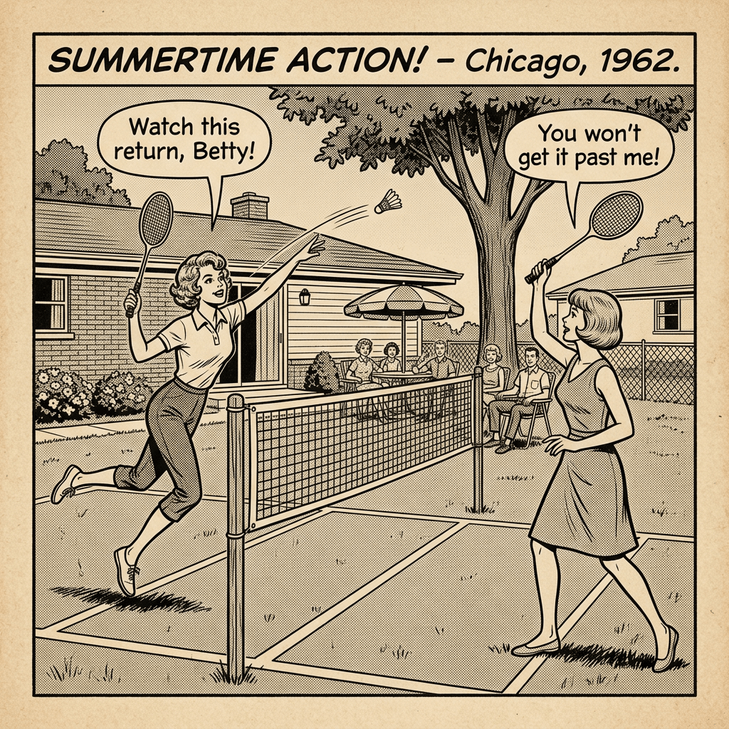 Two women playing badminton in a backyard with spectators seated nearby