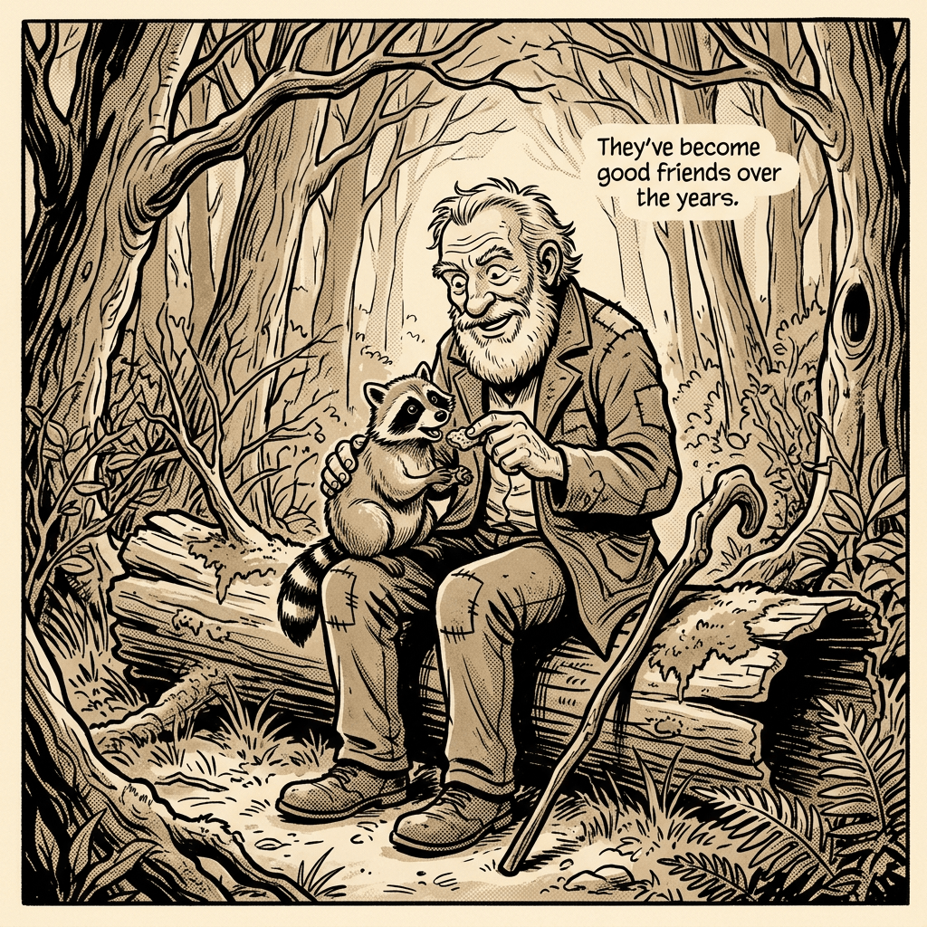 Elderly man feeding a raccoon while sitting on a log in the forest