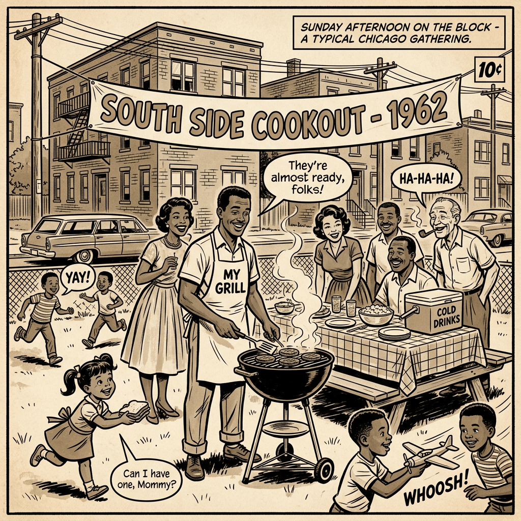 Family and neighbors gather around a grill and picnic table at a South Side Chicago cookout in 1962, with children playing and adults chatting.
