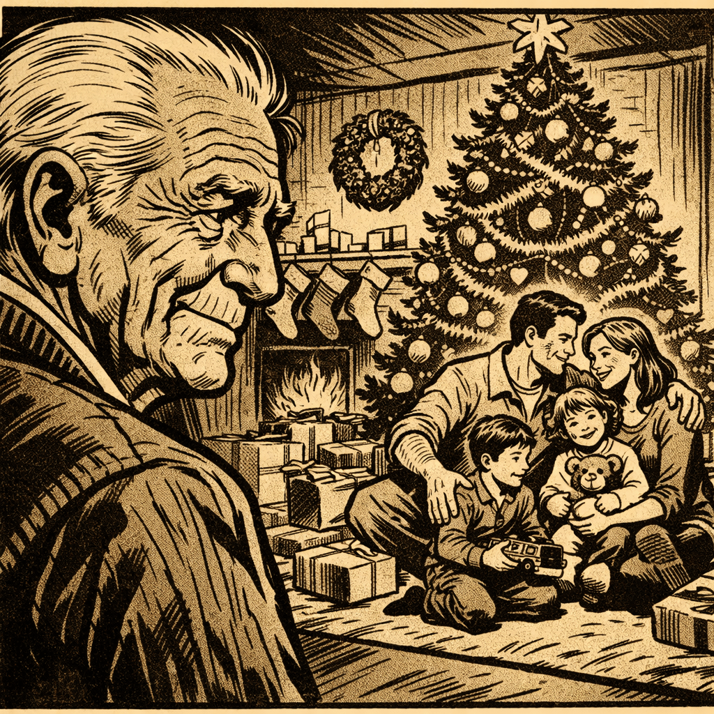 Elderly man watching a smiling family of four enjoying Christmas with tree, gifts, and fireplace