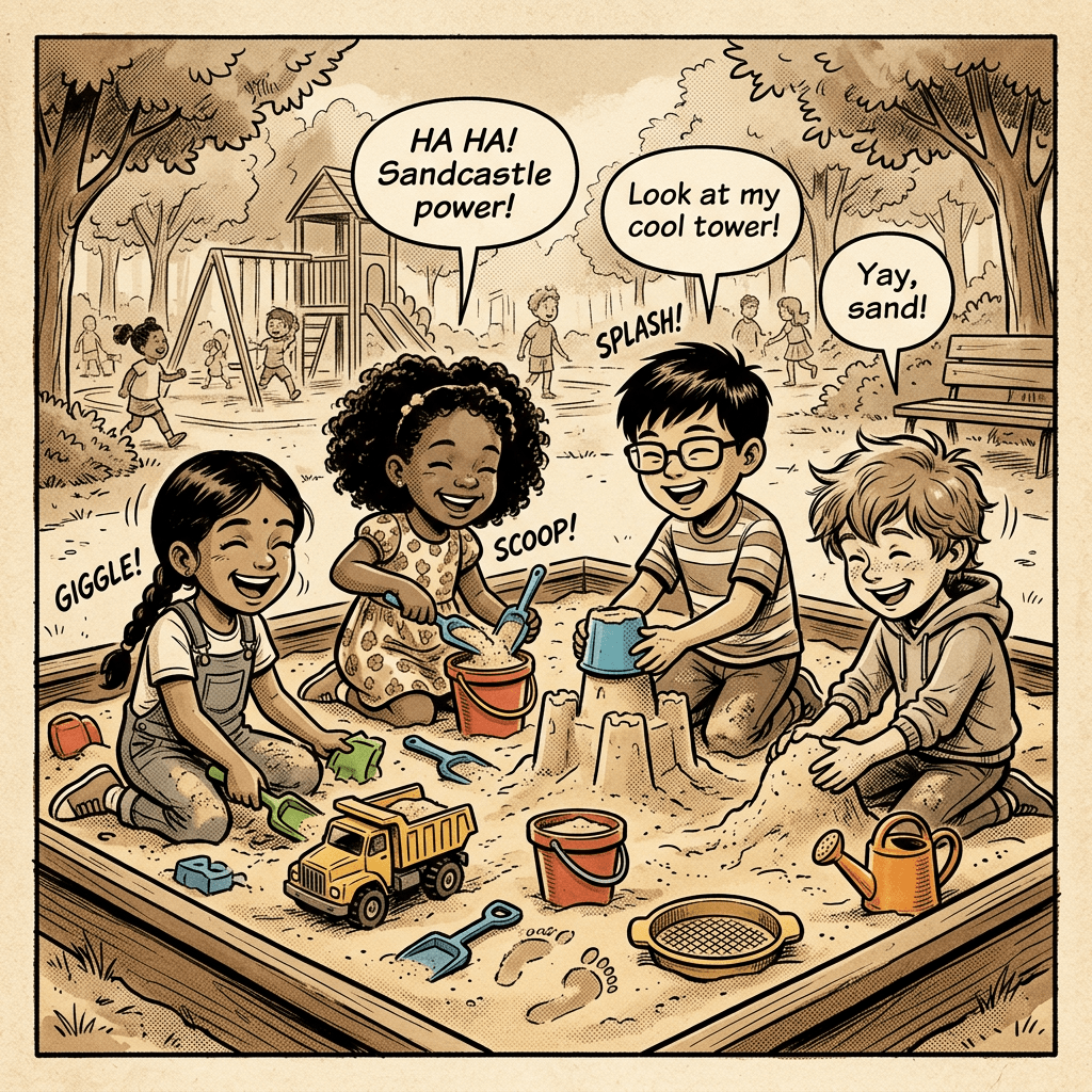 Four children playing and building sandcastles in a playground sandbox with toys and tools.
