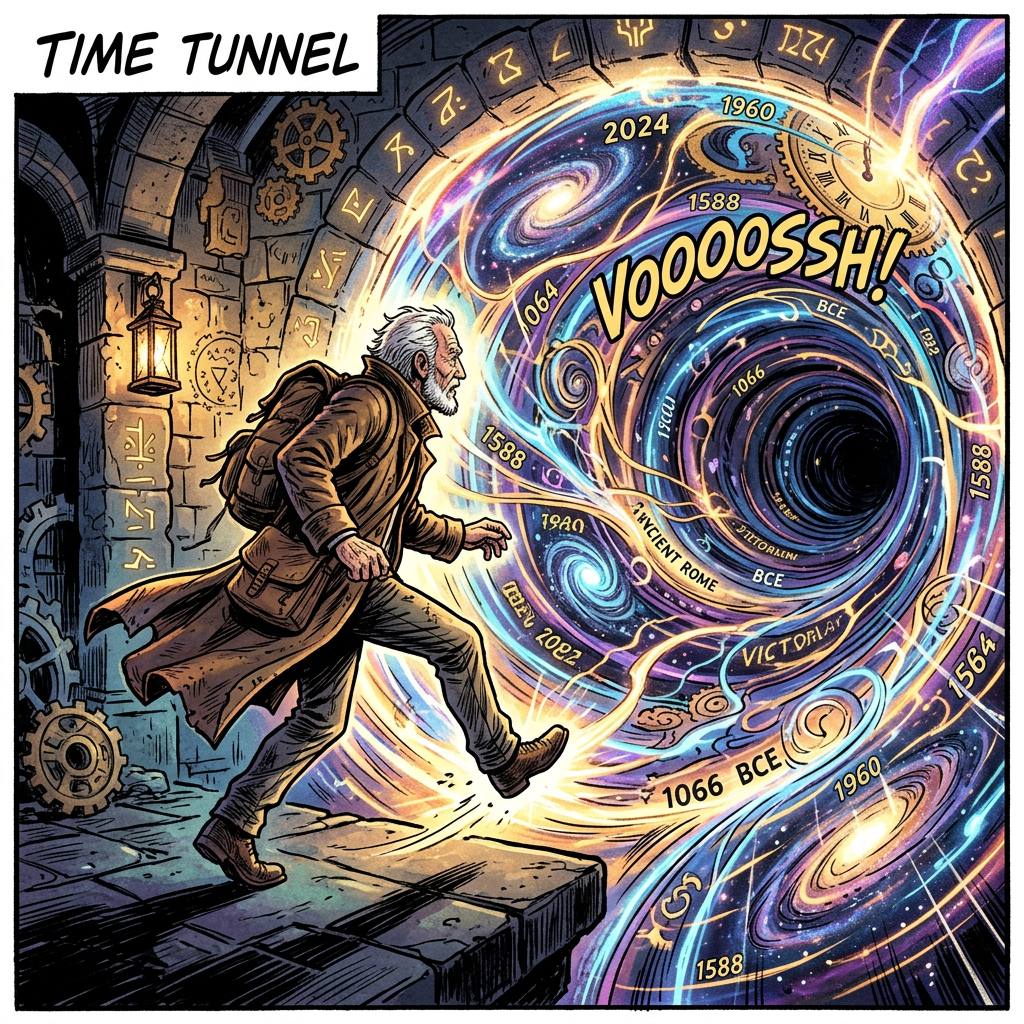 Elderly man walking into a glowing spiral portal showing years and galaxies.