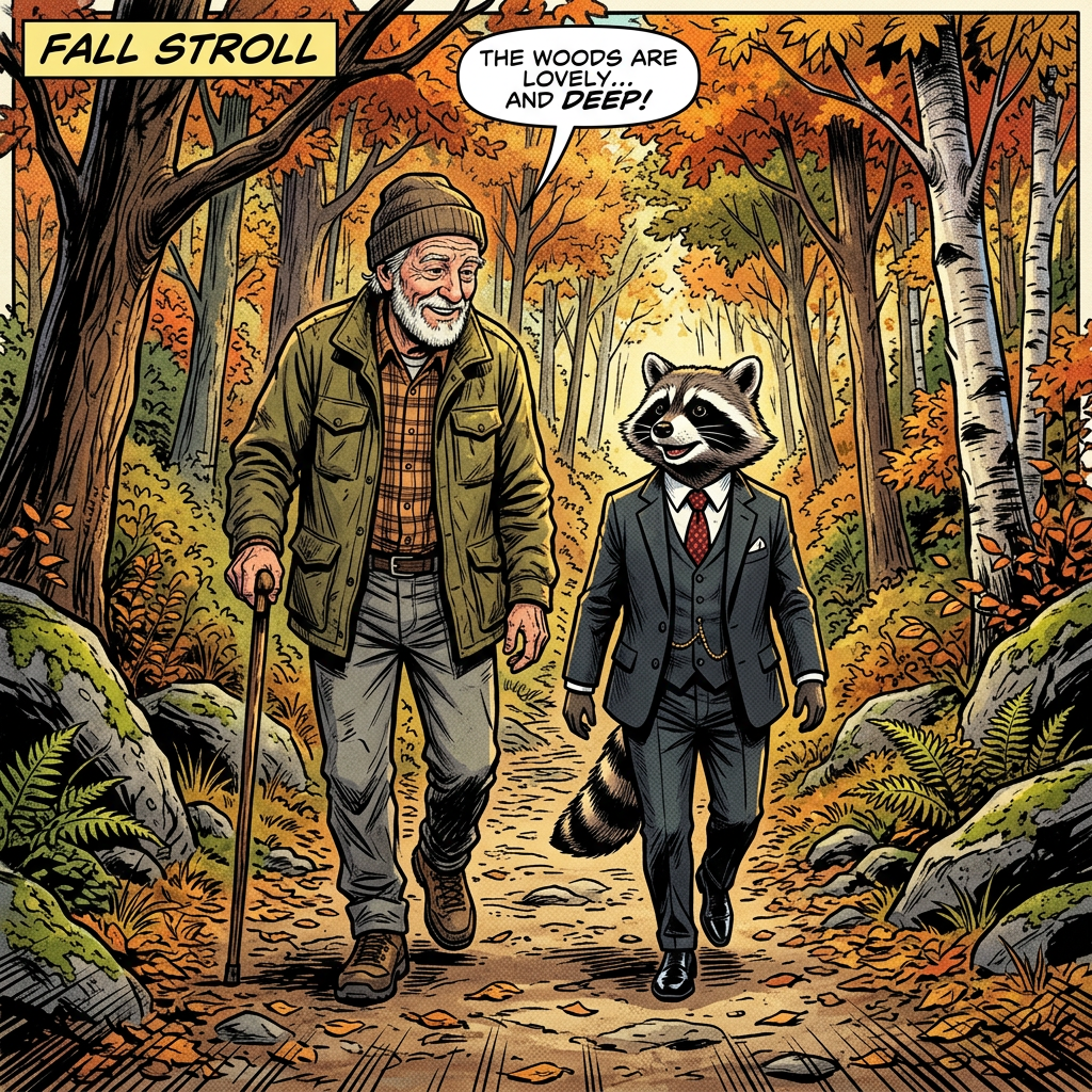 Old man and suited raccoon walking woods