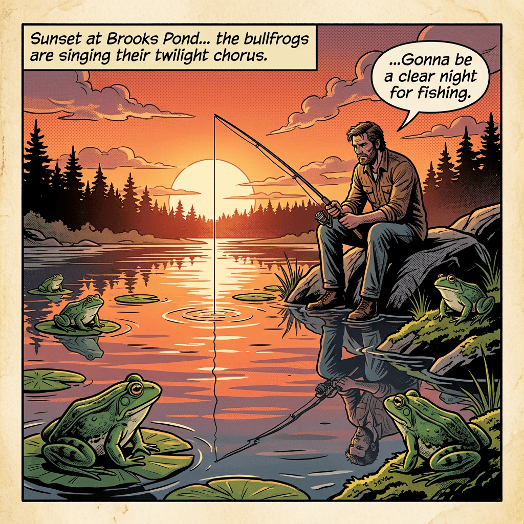 Man fishing by pond at sunset with bullfrogs on lily pads and shore