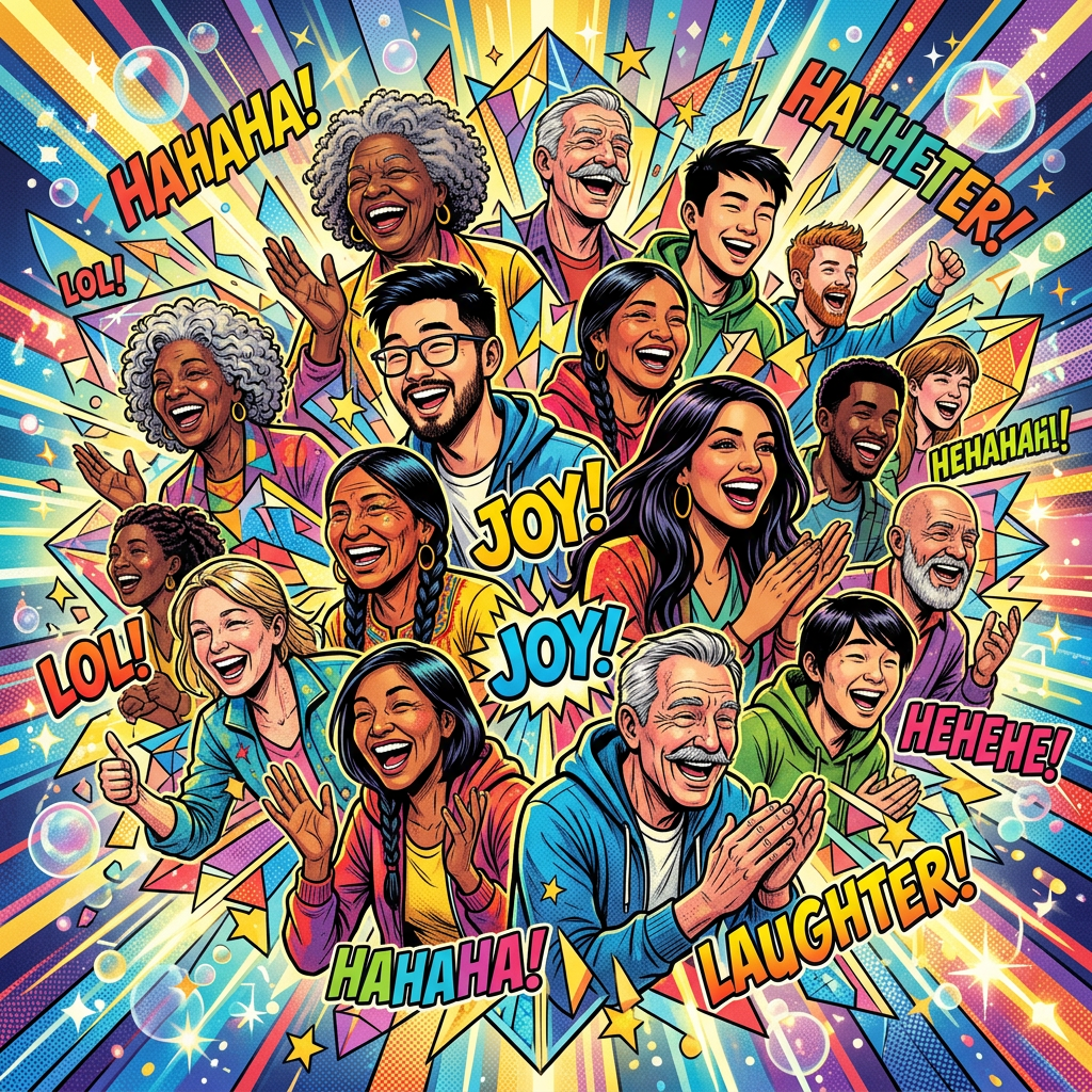 Diverse group of people laughing and clapping in colorful comic style