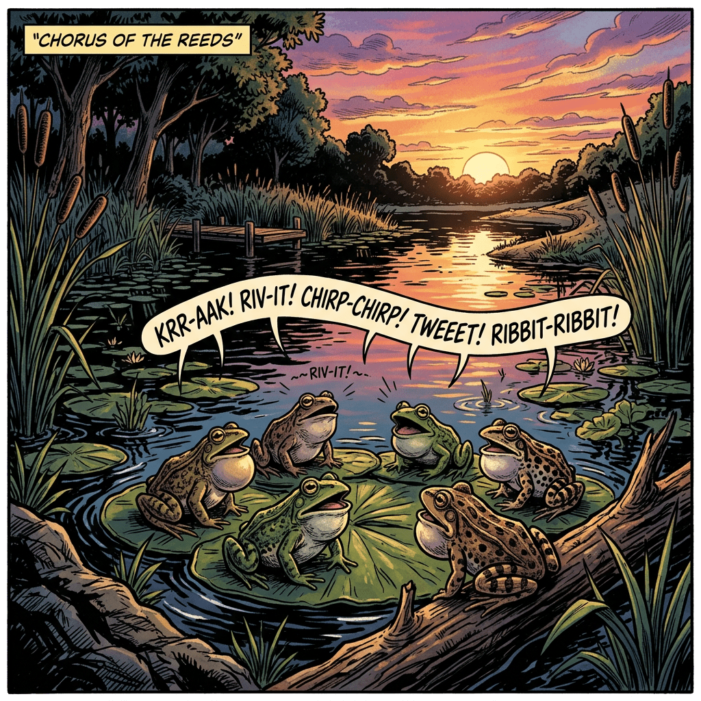 Shadows over pond at sunset, frogs singing